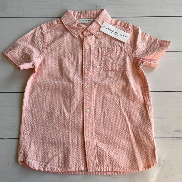 NEW Janie and Jack Light Pink Seersucker Short Sleeve Button Down, NWT - Size 4T - Picture 2 of 6